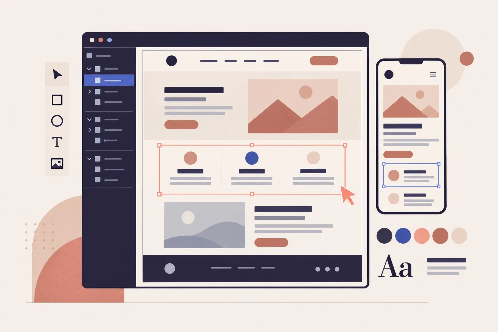 Website design canvas with responsive desktop and mobile page layouts, UI components and a selection cursor